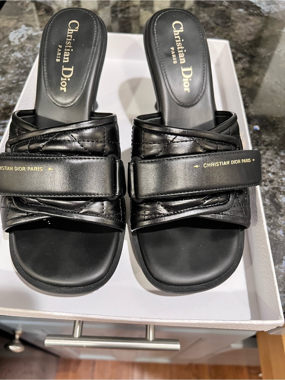Authentic Dior Black Quilted Leather Slide Mules with Gold Logo